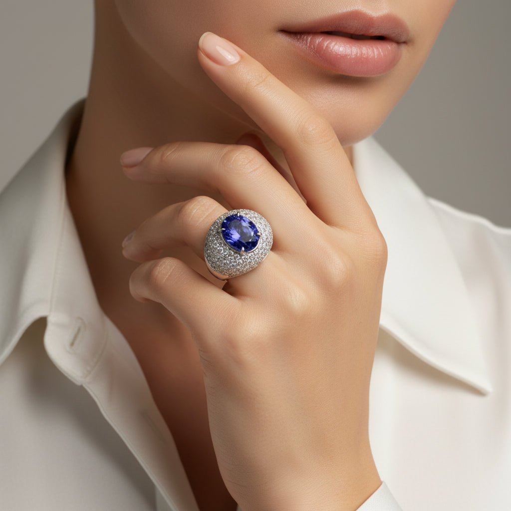 Bague Dôme en or blanc, tanzanite et diamants - Castafiore