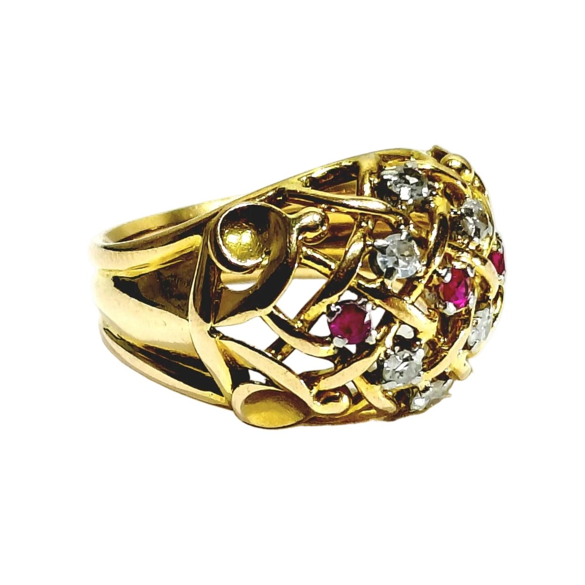 Bague Dôme en or champagne, rubis et diamants - Castafiore