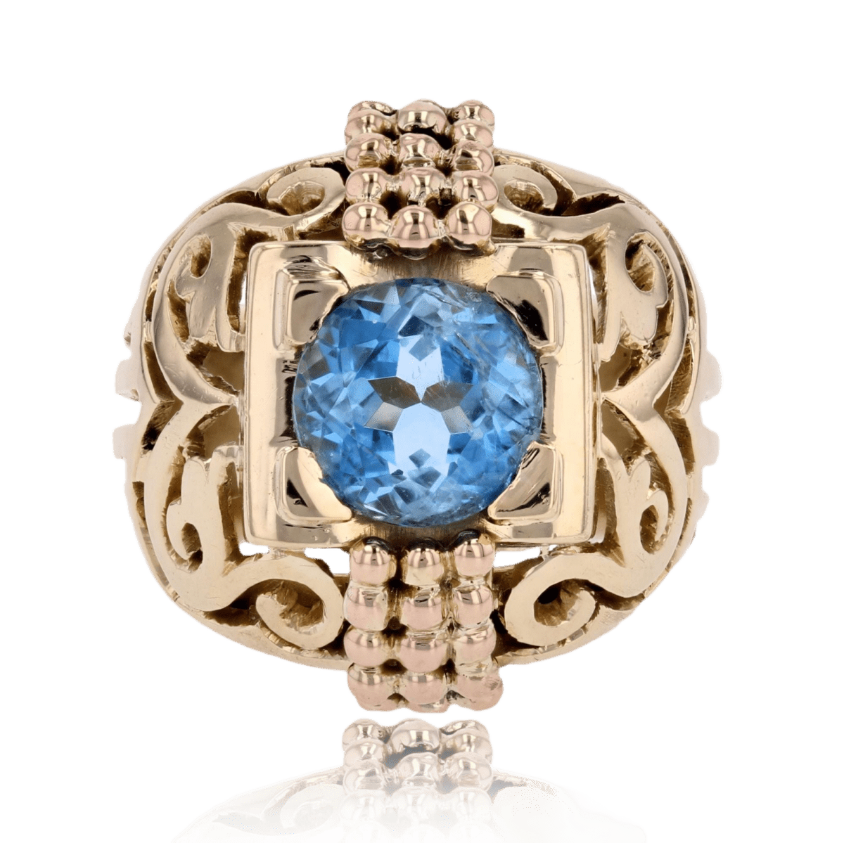 Bague Dôme en or jaune, aigue - marine et perles - Castafiore