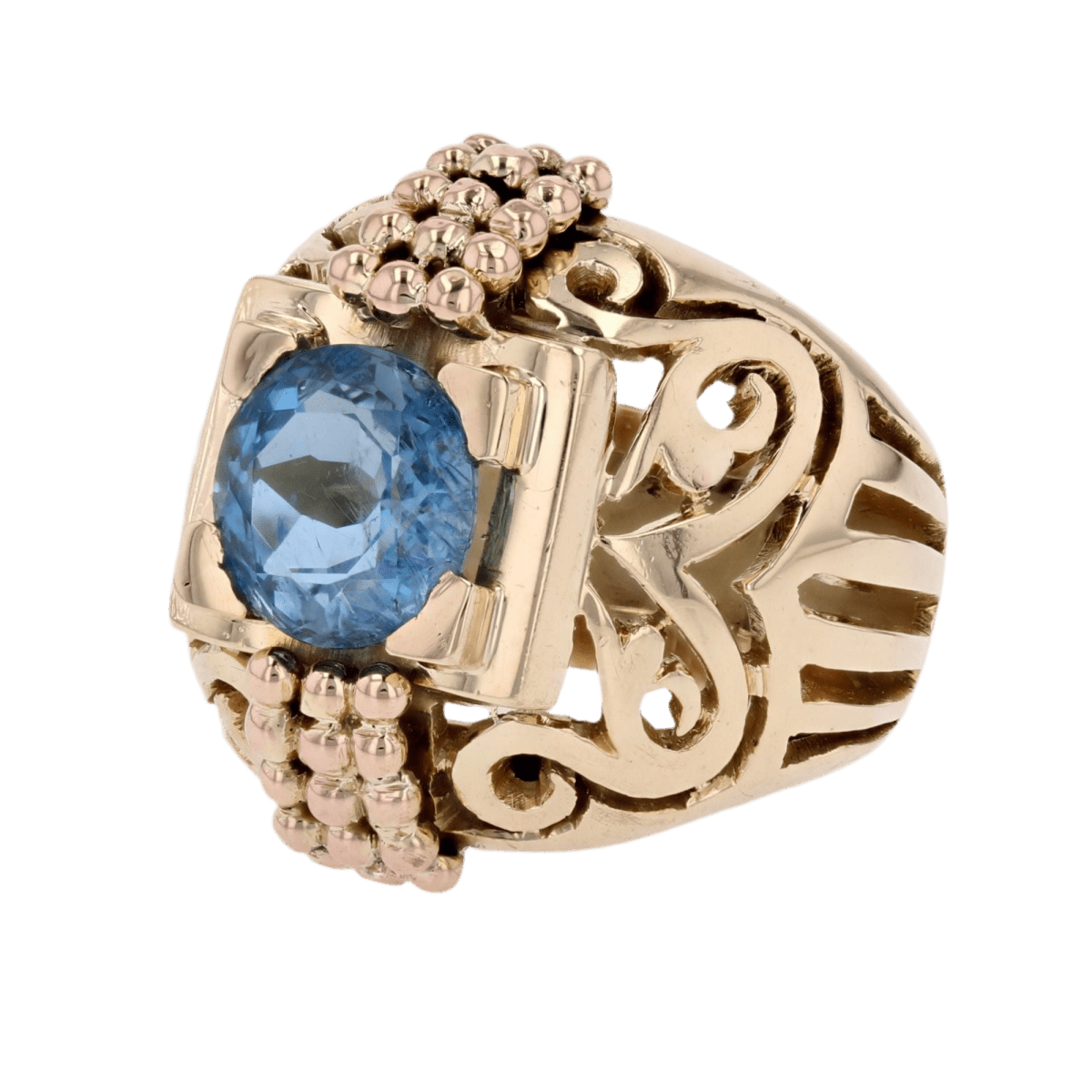 Bague Dôme en or jaune, aigue - marine et perles - Castafiore