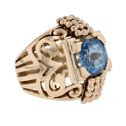 Bague Dôme en or jaune, aigue - marine et perles - Castafiore