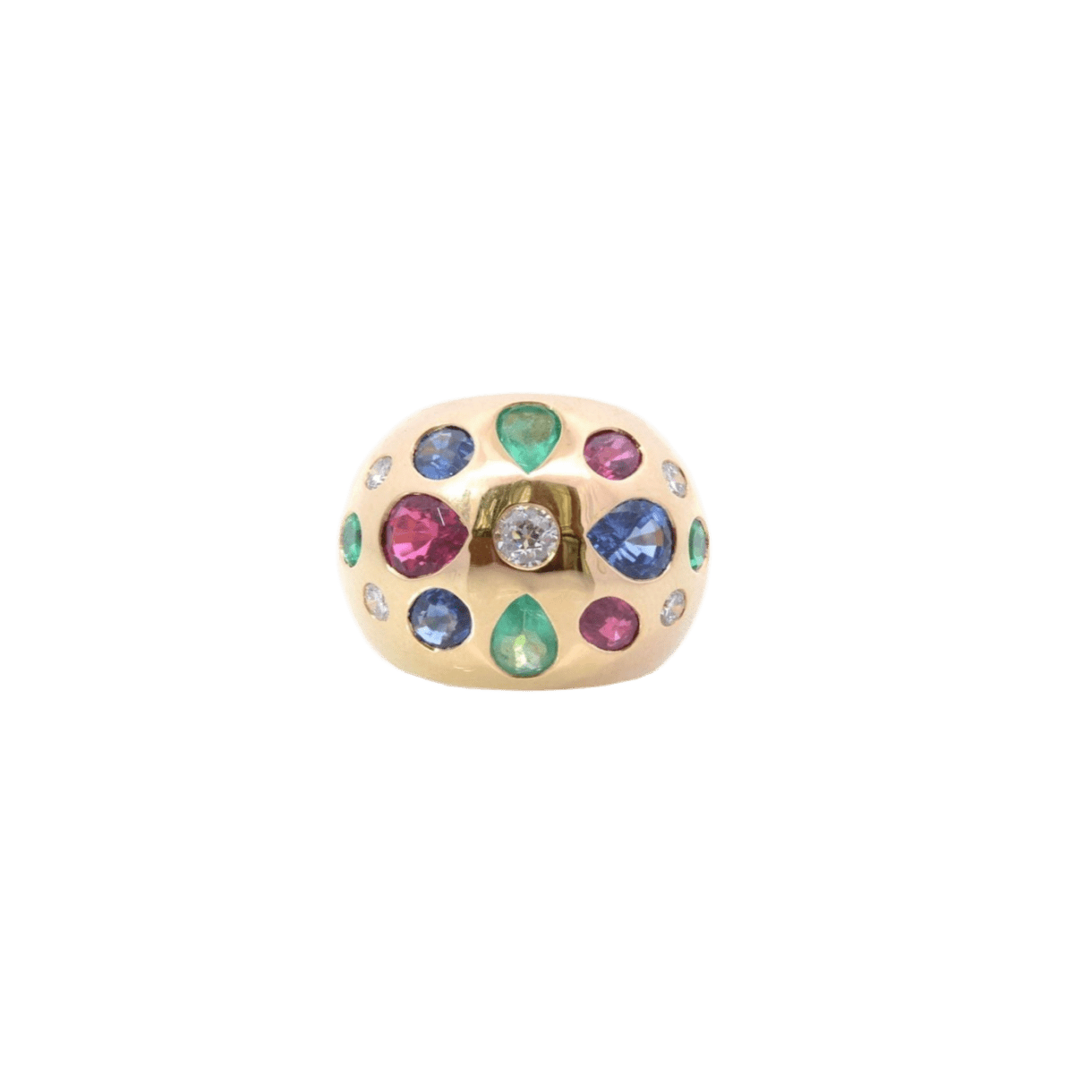 Bague Dôme en or jaune, émeraudes, rubis, saphirs, tourmaline et diamants - Castafiore