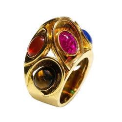 Bague Dôme en or jaune, oeil-de-tigre, chrysoprase, tourmaline, lapis-lazuli, agate et aventurine - Castafiore