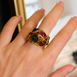 Bague Dôme en or jaune, oeil-de-tigre, chrysoprase, tourmaline, lapis-lazuli, agate et aventurine - Castafiore