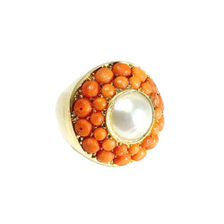Bague Dôme en or jaune, perle et corail - Castafiore