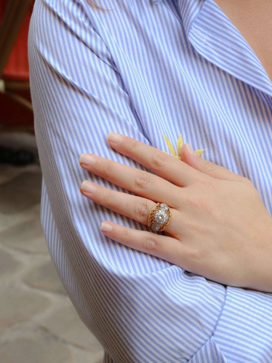 Bague dome en or jaune, platine et diamant 1 carat - Castafiore