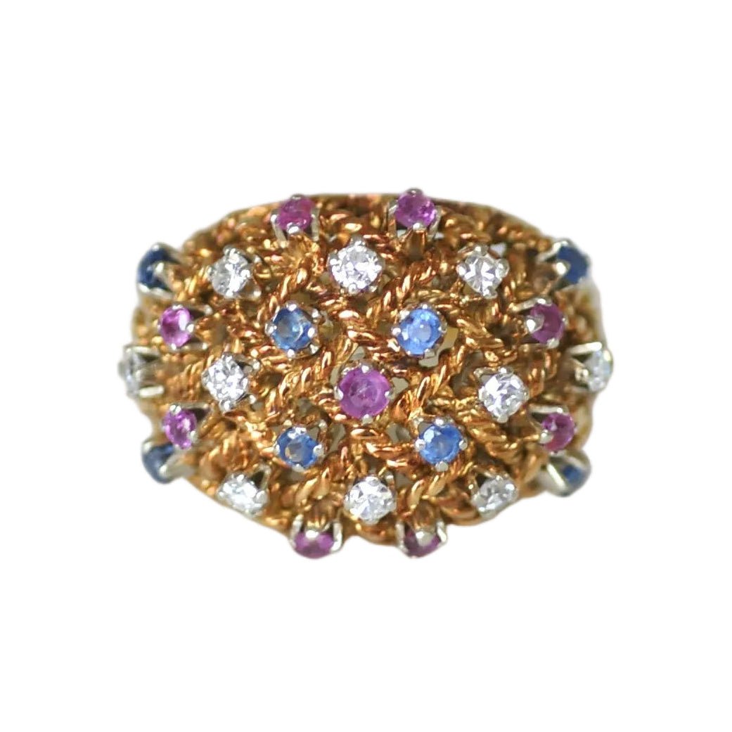 Bague Dôme en or rose, saphirs, rubis et diamants - Castafiore