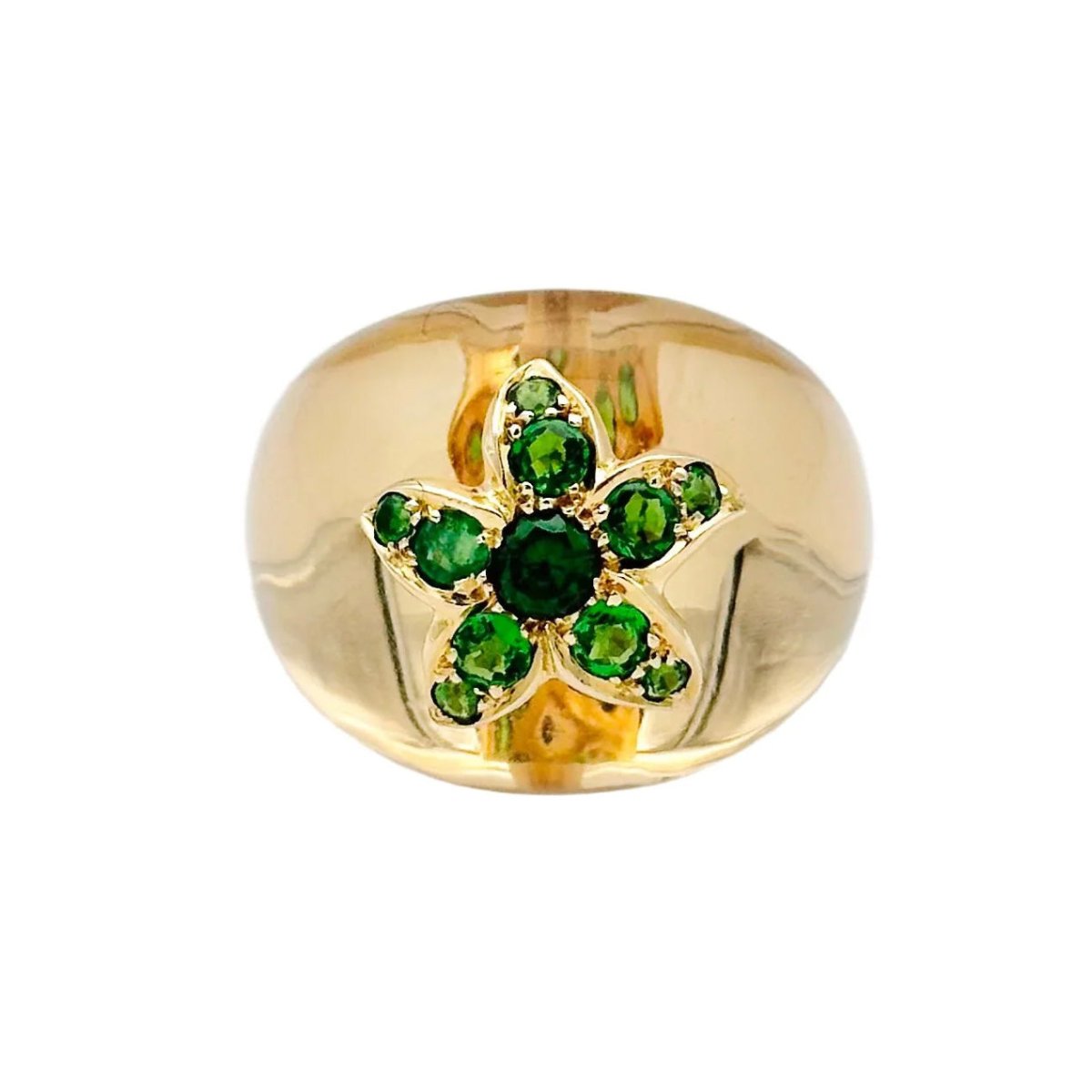 Bague Dôme LORENZ BAÜMER en or jaune, cristal de roche et émeraudes - Castafiore