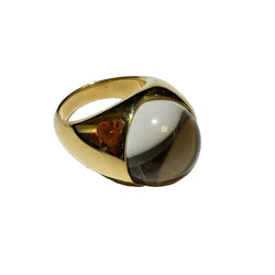 Bague Dôme MAUBOUSSIN "Loupe" en or jaune, cristal de roche et diamant - Castafiore