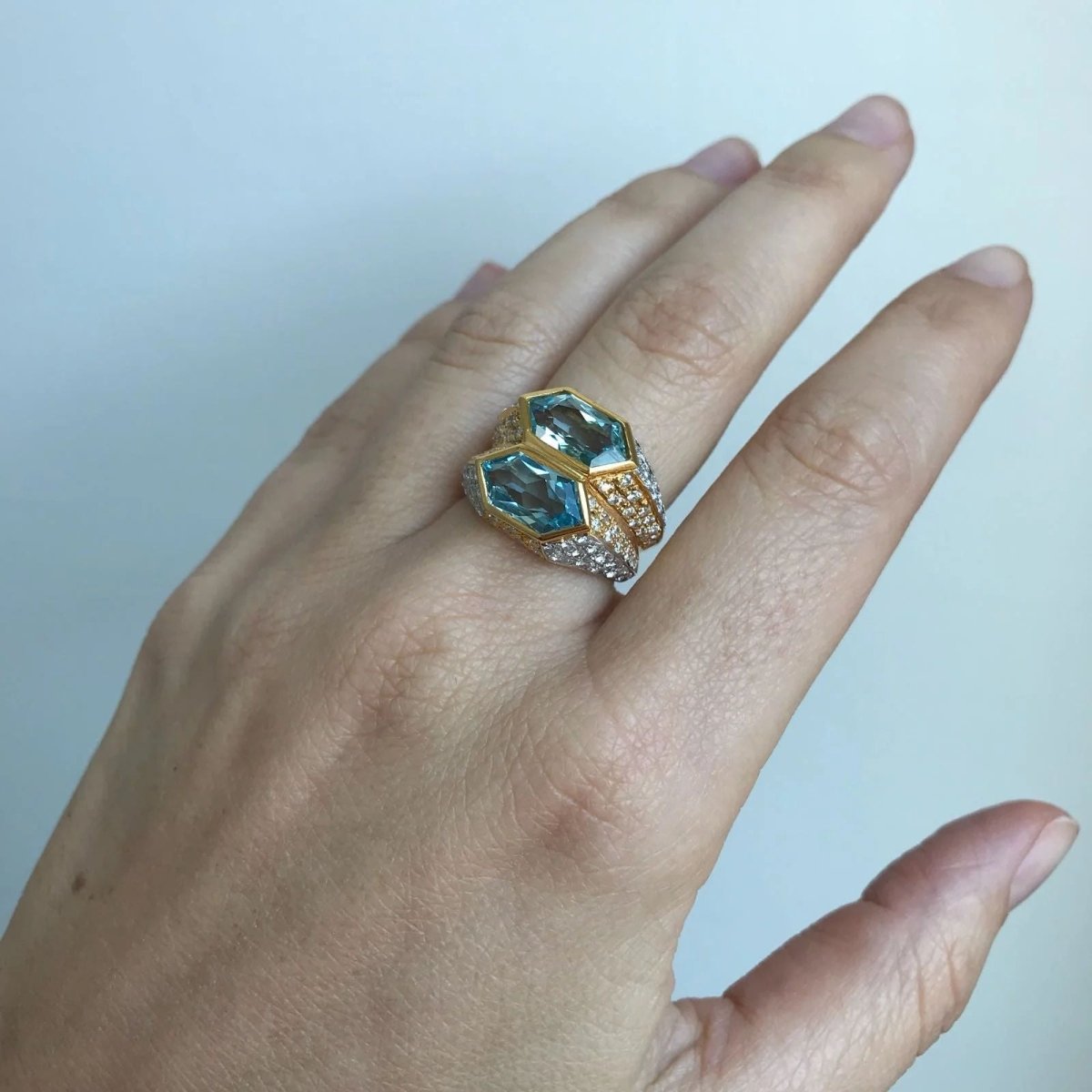 Bague double en or bicolore Bulgari aigue - marine et diamant - Castafiore