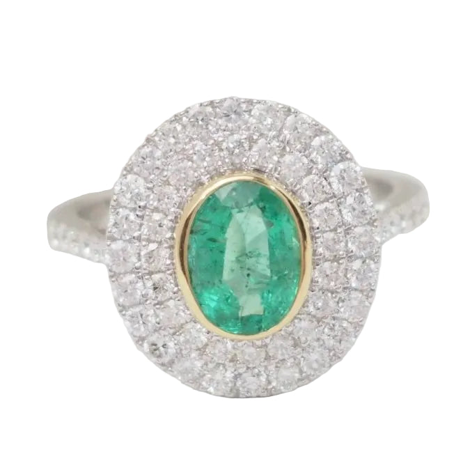 Bague double entourage en or bicolore, émeraude ovale et diamants - Castafiore