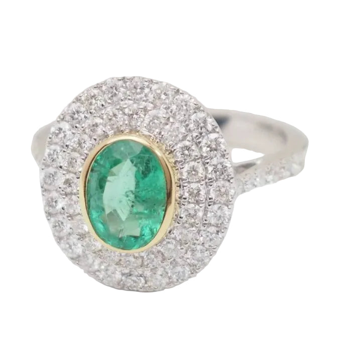 Bague double entourage en or bicolore, émeraude ovale et diamants - Castafiore