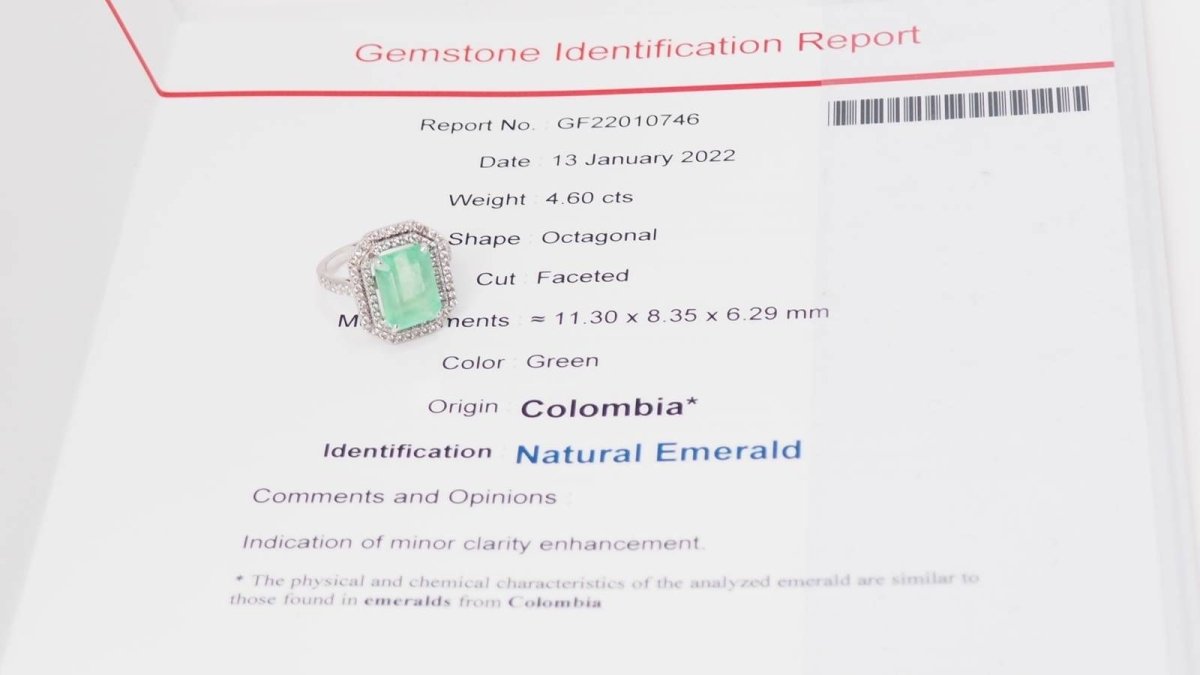 Bague double entourage en or blanc, émeraude de colombie certifiée et diamants - Castafiore