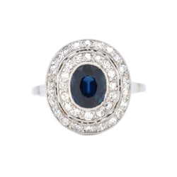 Bague Double Halo, Art Déco, Or 18 Carats, Saphir et Diamants - Castafiore