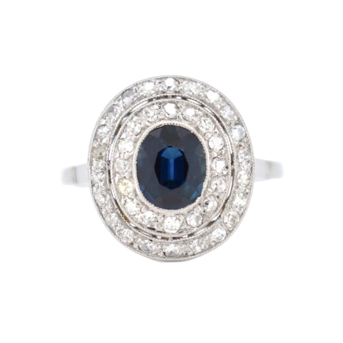 Bague Double Halo, Art Déco, Or 18 Carats, Saphir et Diamants - Castafiore