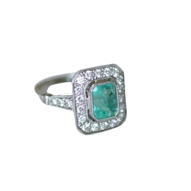 Bague Émeraude Colombienne 2.00 Cts et Diamants Style Art Déco - Castafiore