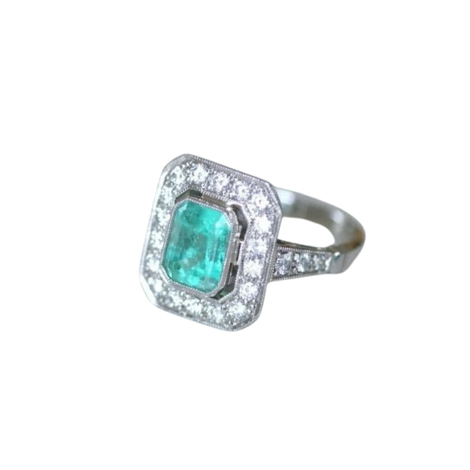 Bague Émeraude Colombienne 2.00 Cts et Diamants Style Art Déco - Castafiore