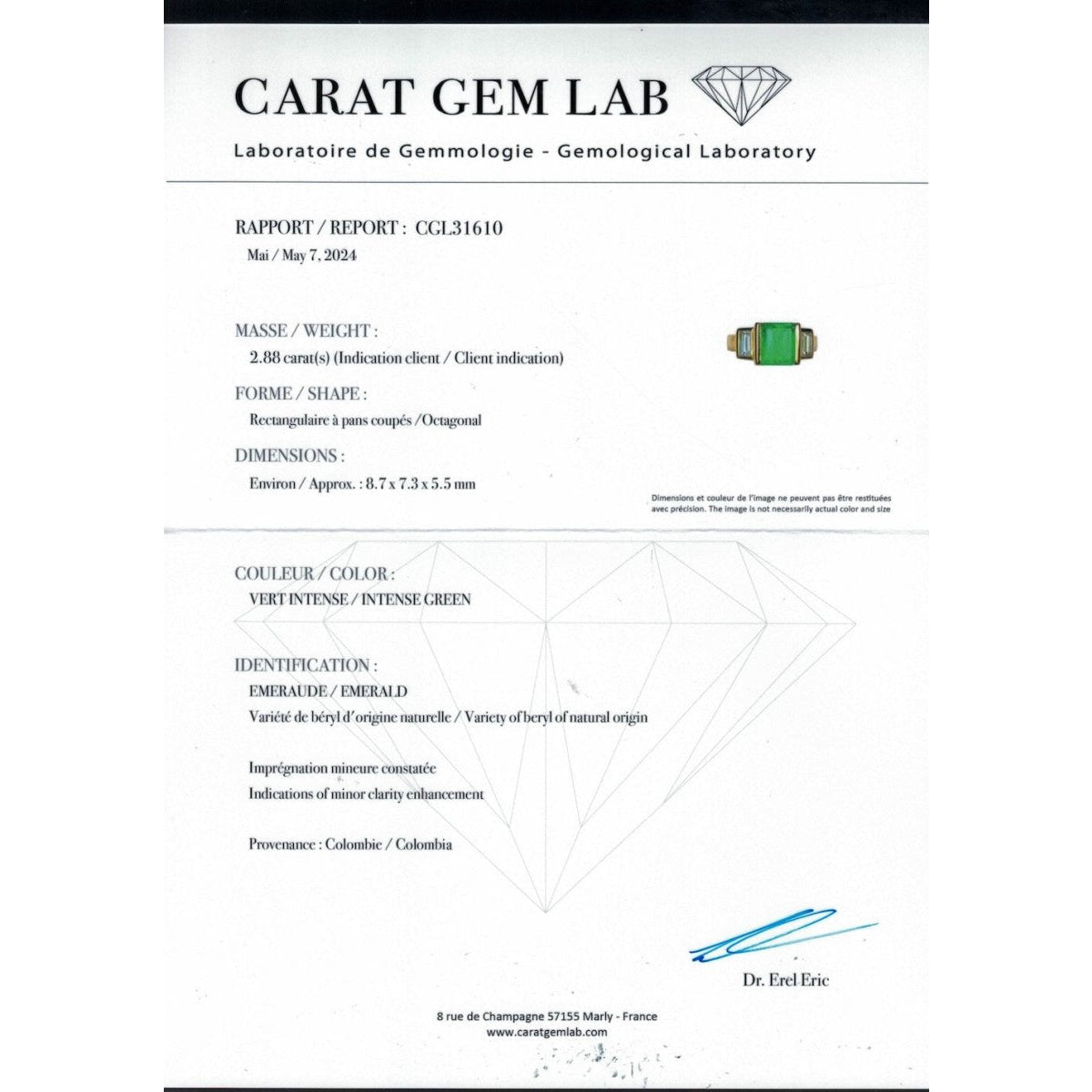 Bague Emeraude de Colombie et diamants baguettes en or jaune 18k. Taille 50 - 51 - Castafiore