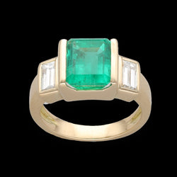 Bague Emeraude de Colombie et diamants baguettes en or jaune 18k. Taille 50 - 51 - Castafiore