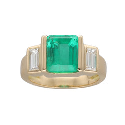 Bague Emeraude de Colombie et diamants baguettes en or jaune 18k. Taille 50 - 51 - Castafiore