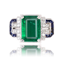 Bague émeraude diamants saphirs style art déco - Castafiore