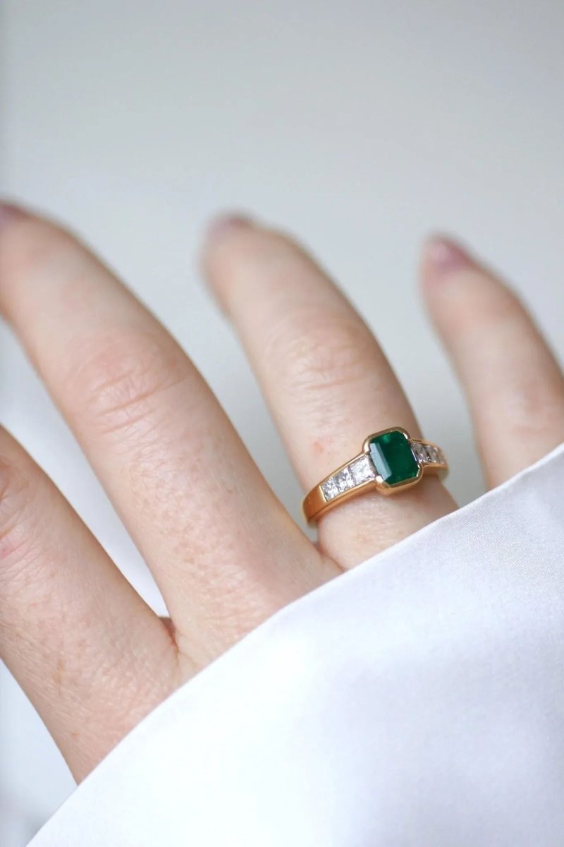 Bague Emeraude et Diamant Princesse sur Or Jaune - Castafiore