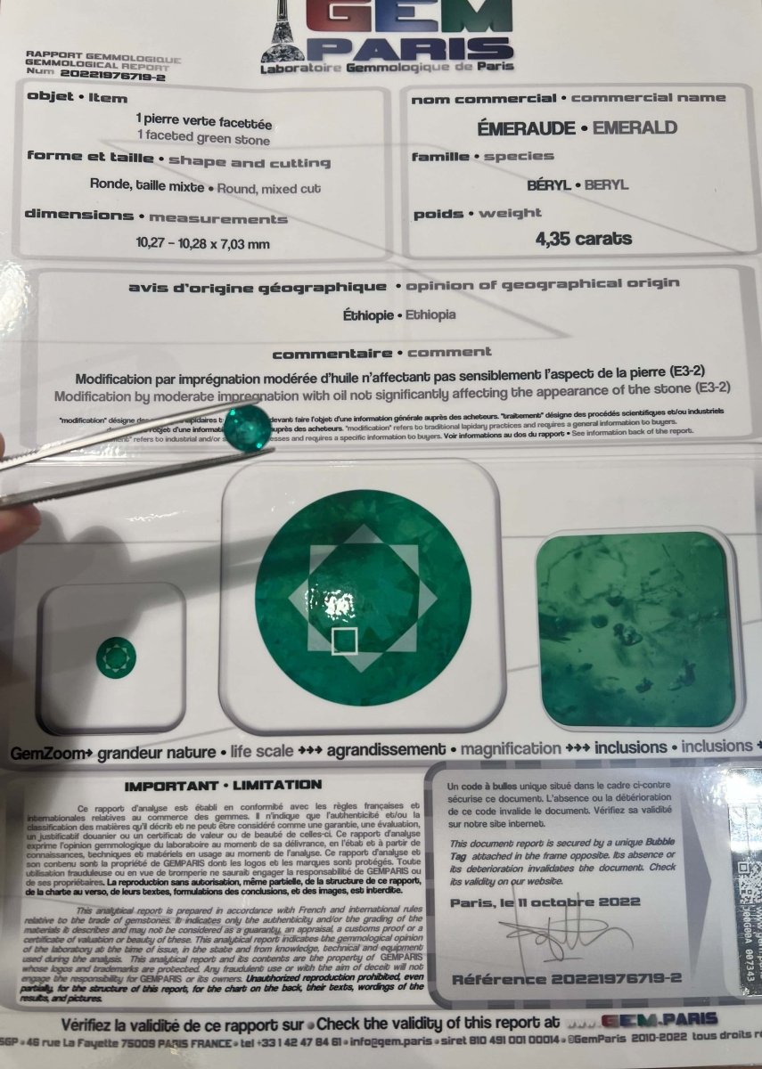 Bague Emeraude Ethiopie 4.35 Carats Diamants Or Jaune 18 Carats & Platine (Certificat) - Castafiore