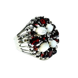 Bague en argent, nacre, grenats et zircons. - Castafiore