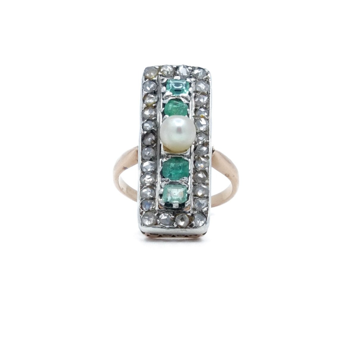 Bague en argent, or rose, perle et émeraudes - Castafiore