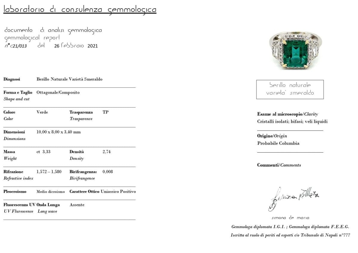 Bague en or avec émeraude naturelle de 3,33 carats certifiée par l'État - Castafiore