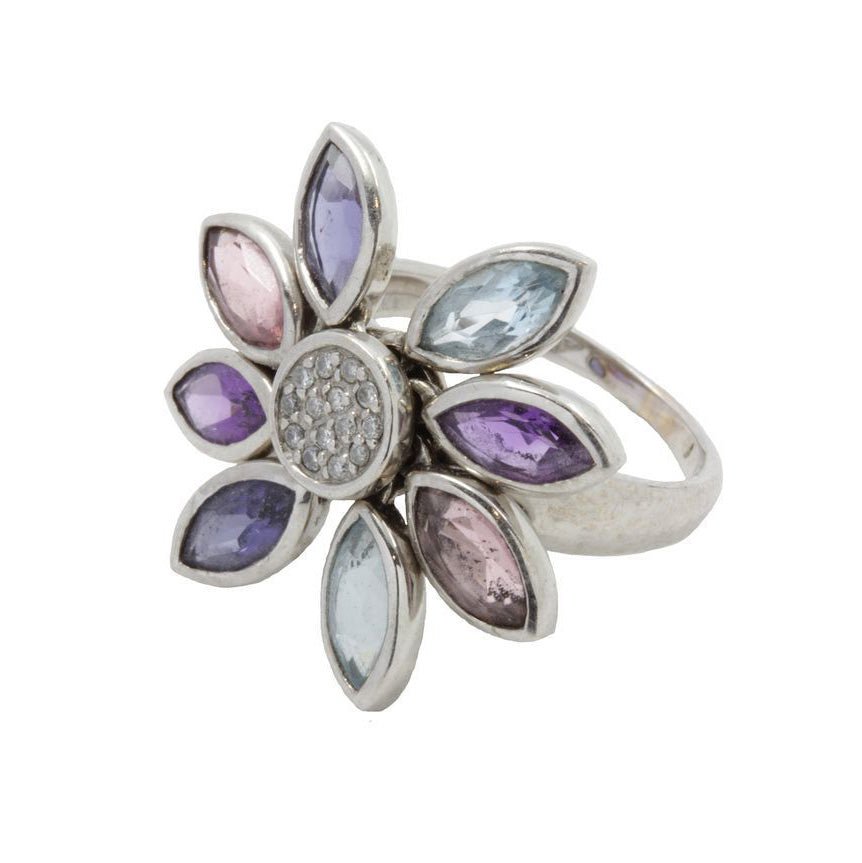 Bague en or blanc, améthyste, topaze, quartz et diamants - Castafiore