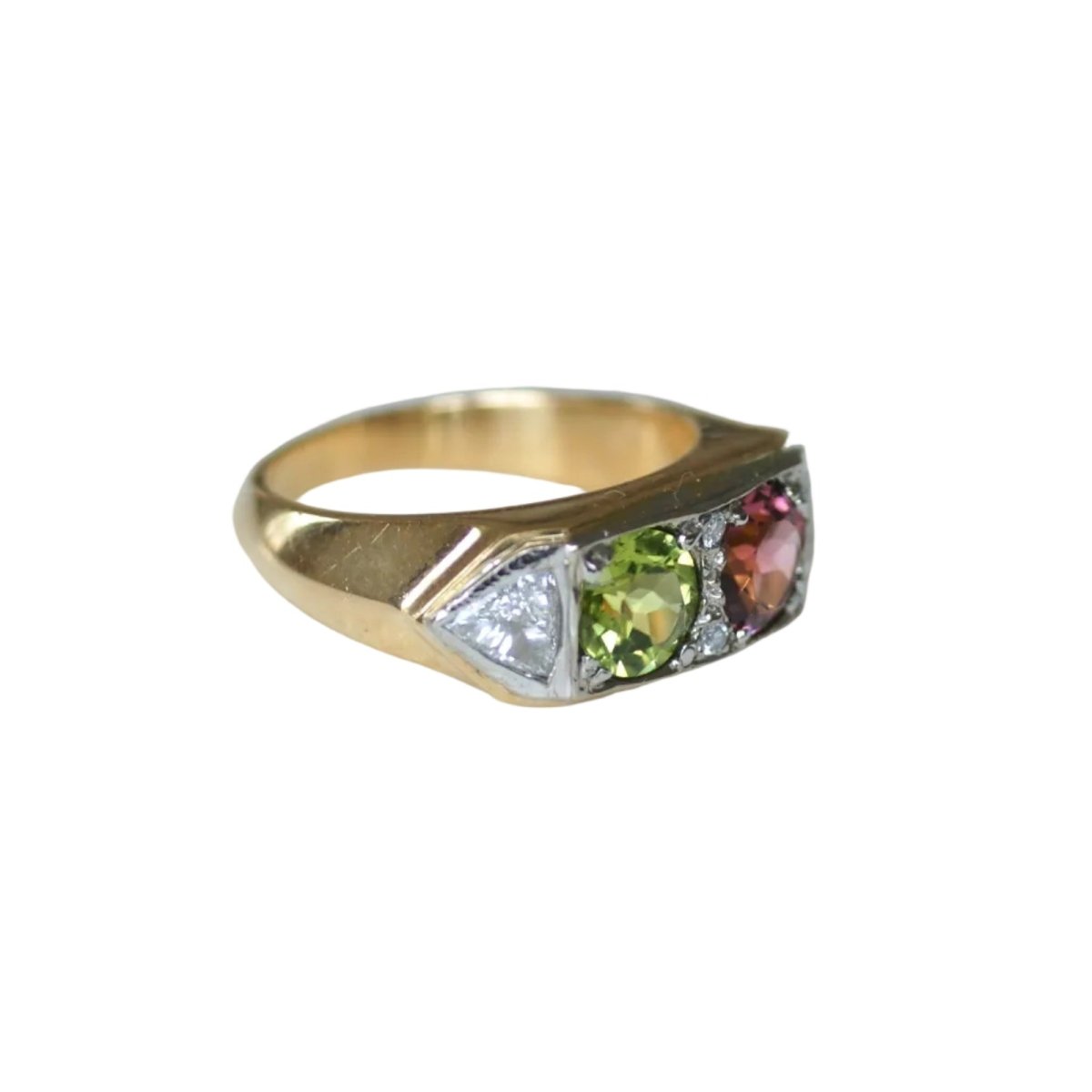 Bague en or blanc, or jaune, péridot, tourmaline et diamants - Castafiore