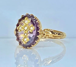 Bague en or jaune 18 carats avec croix en perles fines, vers 1880 - Castafiore