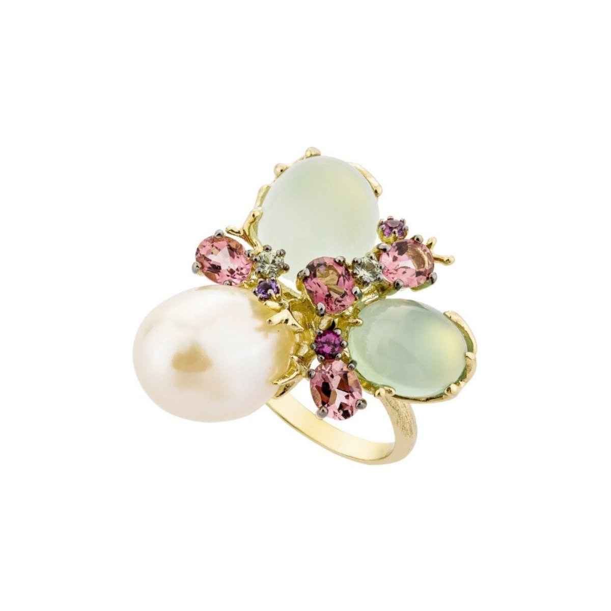 Bague en or jaune 18 carats, perle et calcédoines – Taille EU54 - Castafiore