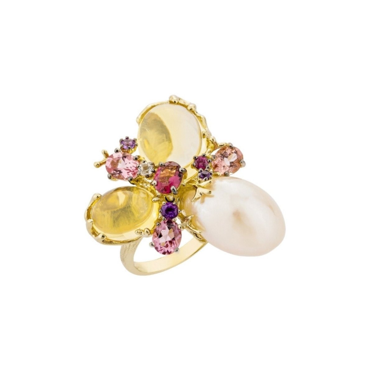 Bague en or jaune 18 carats, perle et citrines – Taille EU54 - Castafiore