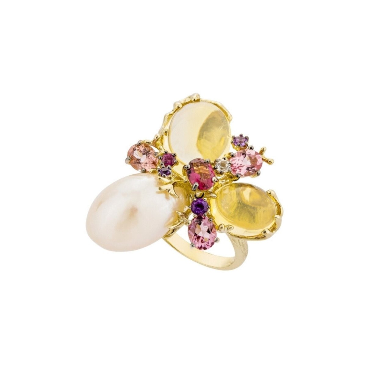 Bague en or jaune 18 carats, perle et citrines – Taille EU54 - Castafiore