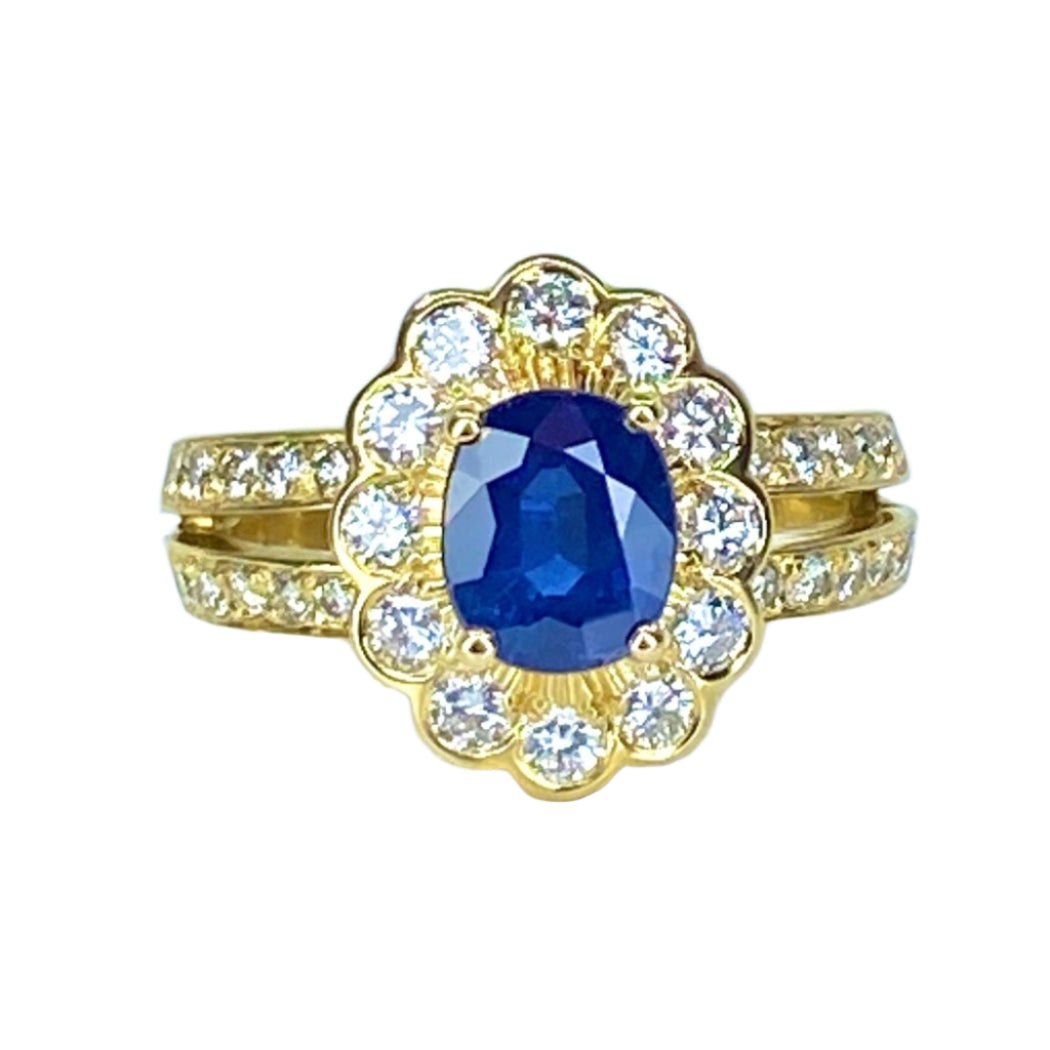 Bague en or jaune 18 carats, saphir et diamants - Castafiore