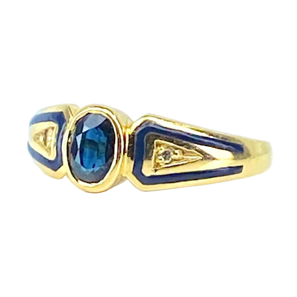 Bague en or jaune 18 carats, saphir,diamants et émail - Castafiore
