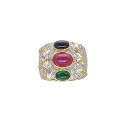 Bague en or jaune 18 Cts avec saphir, rubis, émeraude et diamants vers 1990. T49 - Castafiore