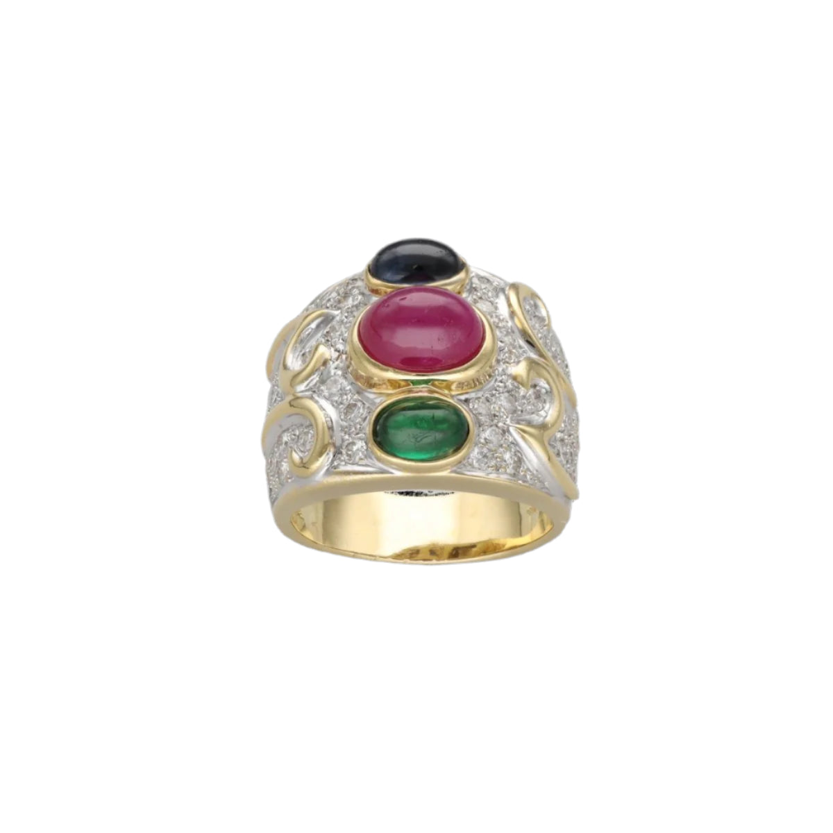 Bague en or jaune 18 Cts avec saphir, rubis, émeraude et diamants vers 1990. T49 - Castafiore