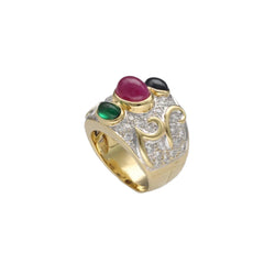 Bague en or jaune 18 Cts avec saphir, rubis, émeraude et diamants vers 1990. T49 - Castafiore