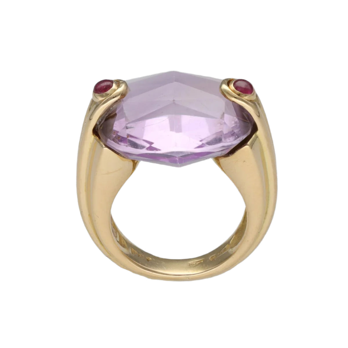 Bague en or jaune 18 Cts massif avec une Améthyste et Rubis cabochons. Taille 47 - 48. - Castafiore