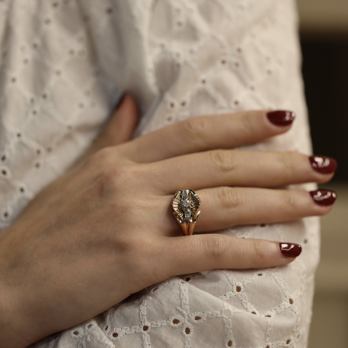 Bague en or jaune 18K et platine avec diamants – Vers 1950 – Taille 54 - Castafiore