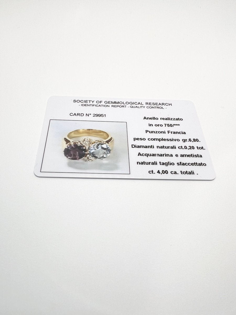 Bague en or jaune, améthyste aigue - marine et diamants - Castafiore