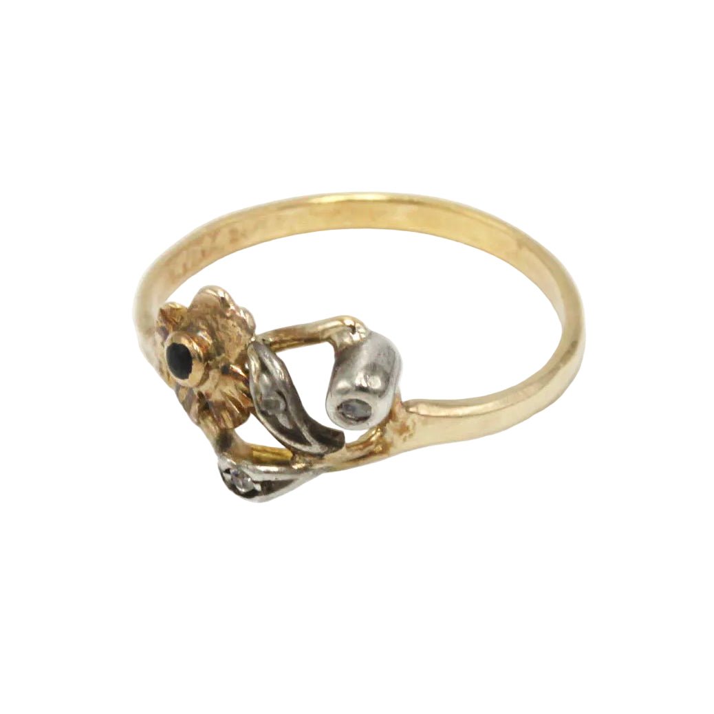 Bague en or jaune, argent, pierre noire et diamants - Castafiore