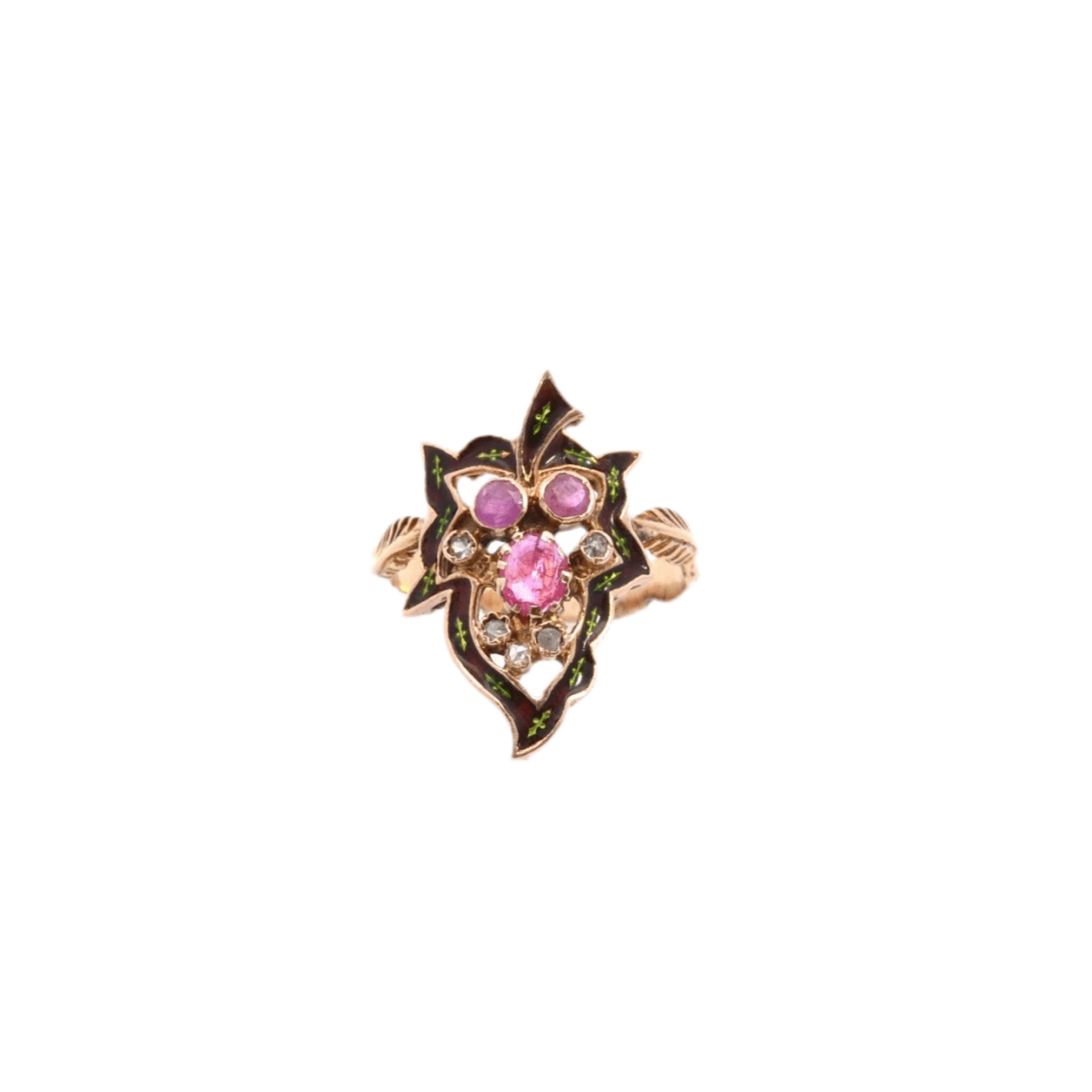 Bague en or jaune, émail, rubis et diamants - Castafiore