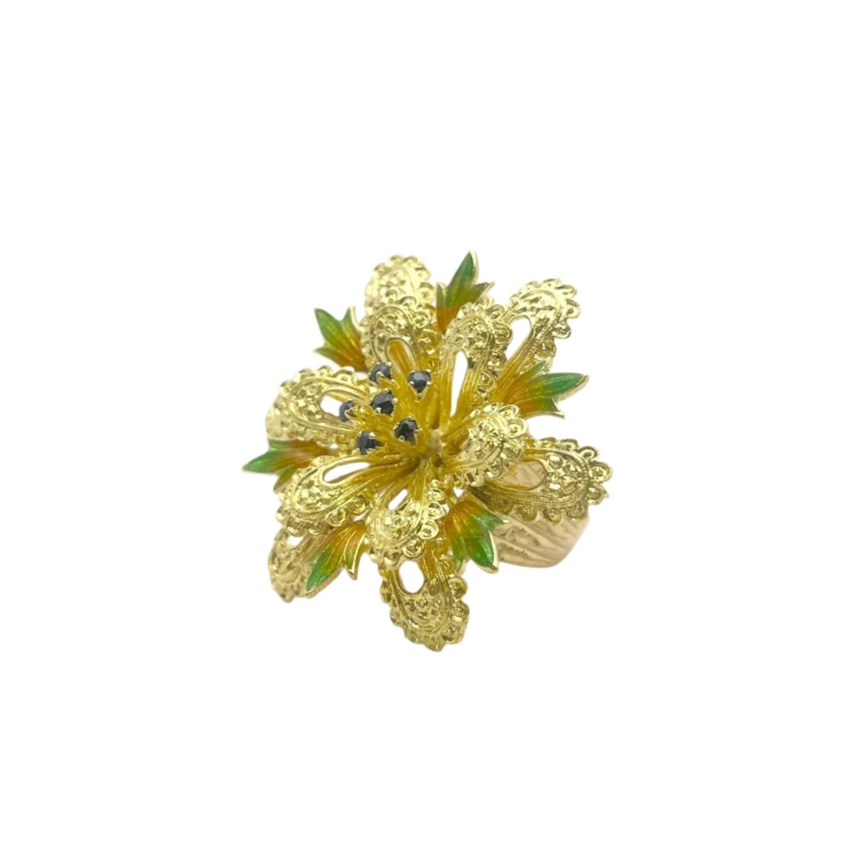 Bague en or jaune, émaux et saphirs naturels - Castafiore
