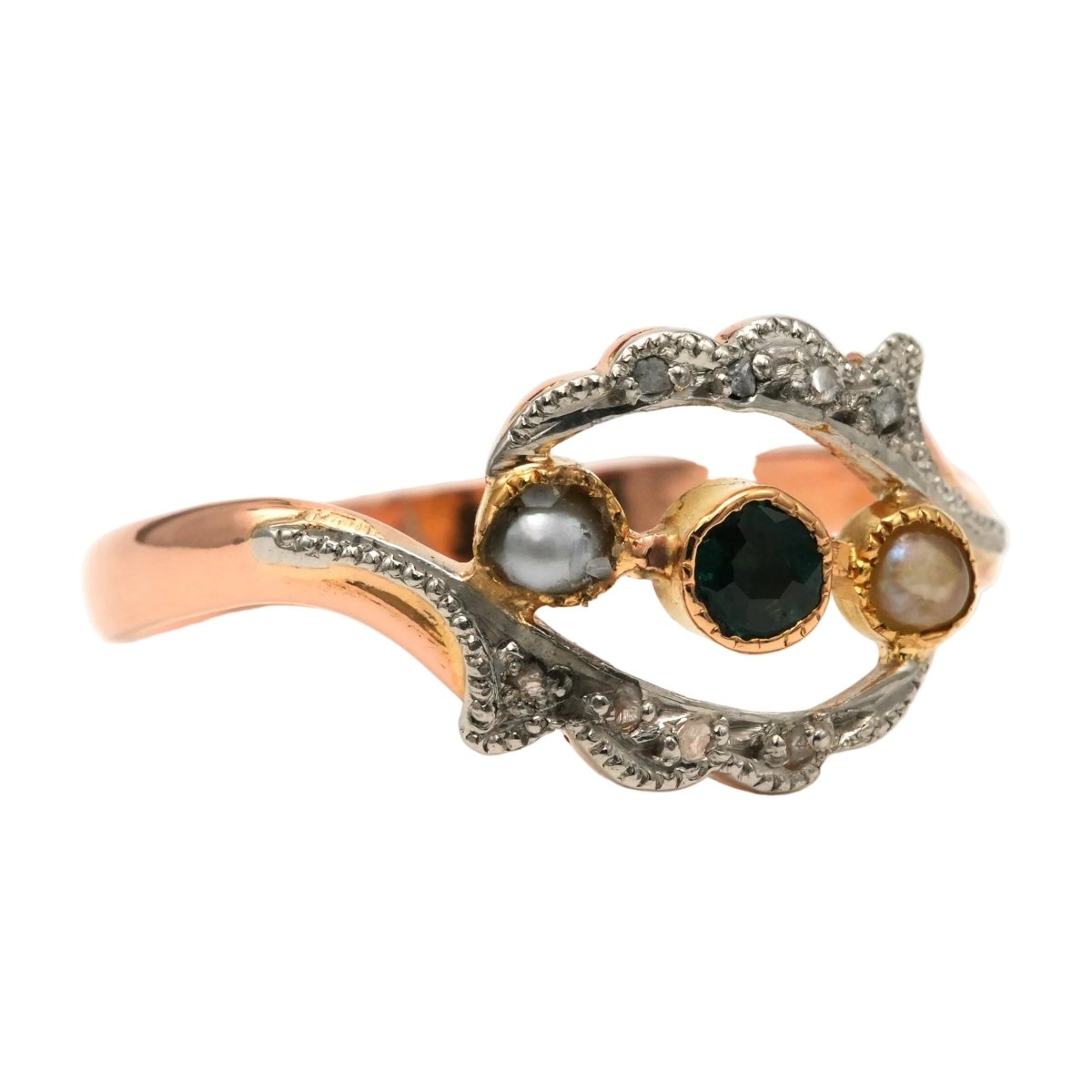 Bague en or jaune, émeraude, perles et diamants - Castafiore