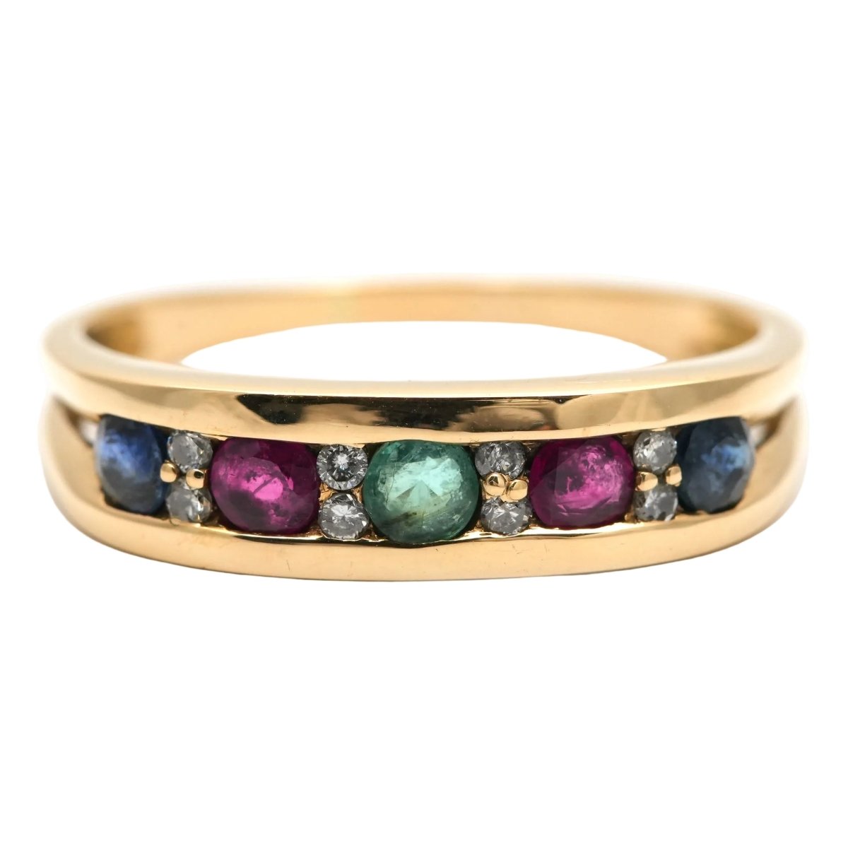 Bague en or jaune, émeraude, rubis, saphirs et diamants - Castafiore