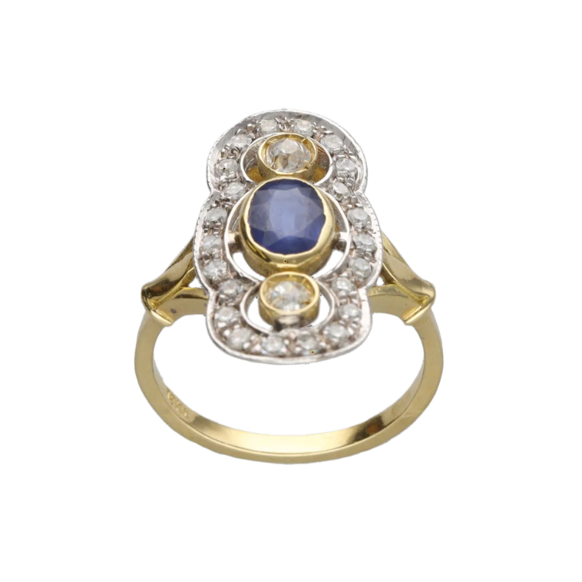 Bague en or jaune et gris 18 Cts avec saphirs et diamants vers 1970. Taille 55. - Castafiore